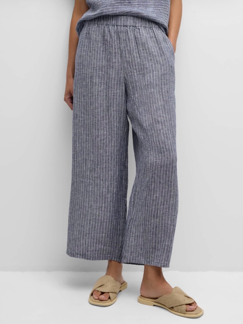 Eileen Fisher Blue Stripe Wide-Leg Linen Pants